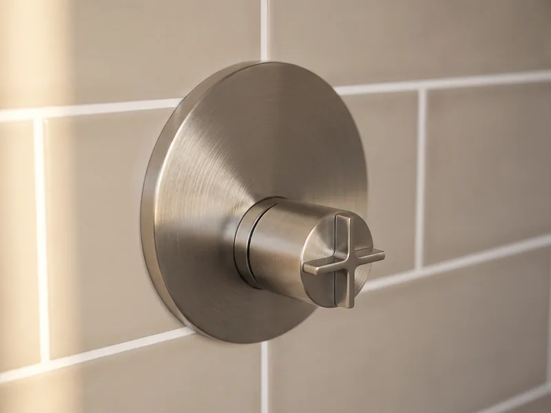 Macro close-up of a slim minimal Crosswater concealed shower valve trim plate set into a tiled wall