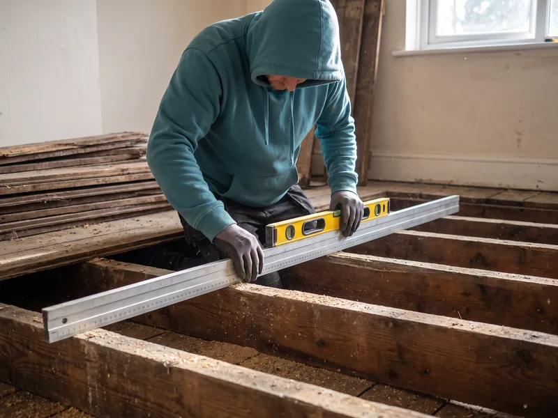 Installer checking deflection across exposed floor joists with a straightedge and spirit level before tanking in a Crowthorne period house