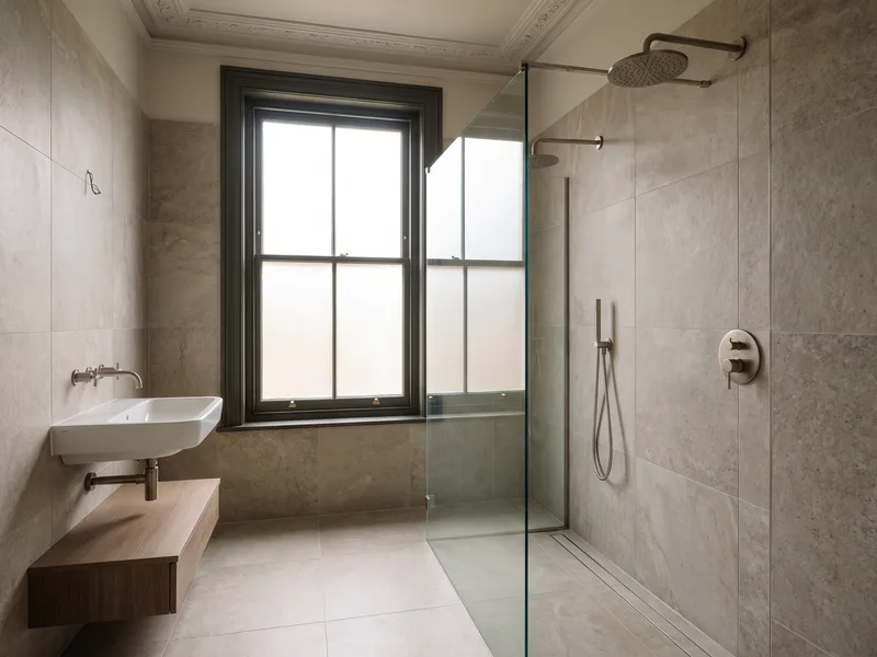 Finished Victorian-conversion bathroom with a tall sash-style window and walk-in shower in a Crowthorne period house