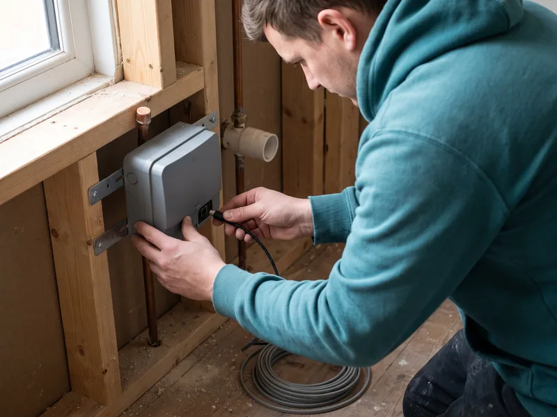 Installer connecting low-voltage cabling to a digital shower processor unit mounted in an open stud-wall void, before tanking or tiling