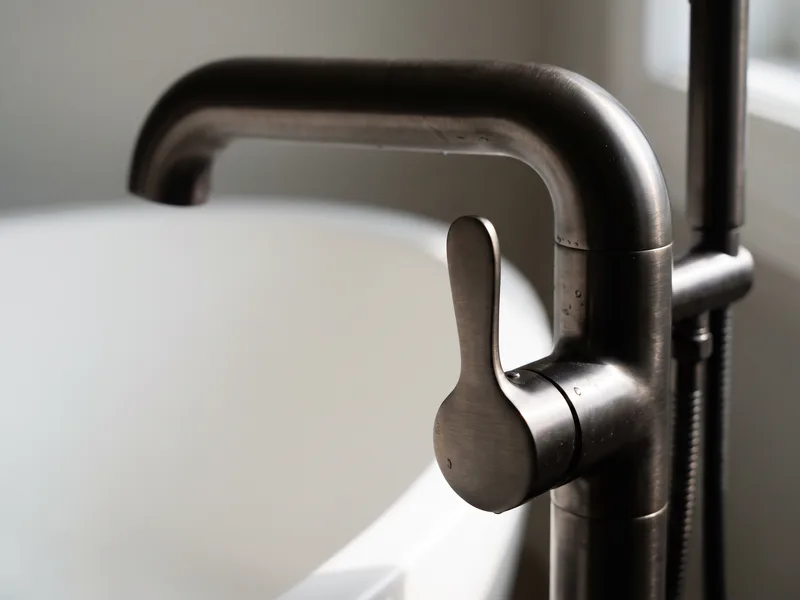 Close-up of a sculptural floor-standing bath filler's spout and lever handle in a dark brushed-metal finish