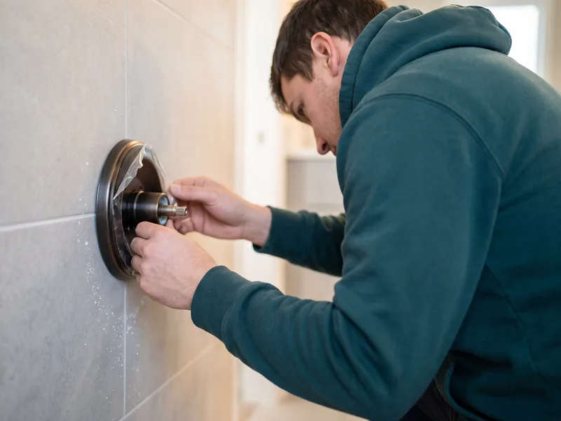 Installer fitting a dark-finish brassware trim onto a tiled wall as the final stage of the fit