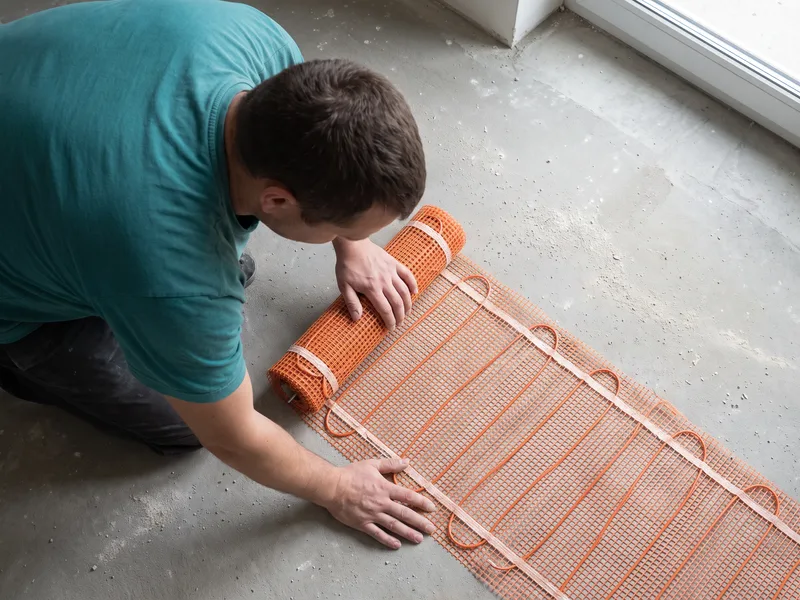 Installer fitting a thin electric underfloor heating mat onto a bare concrete subfloor before tiling