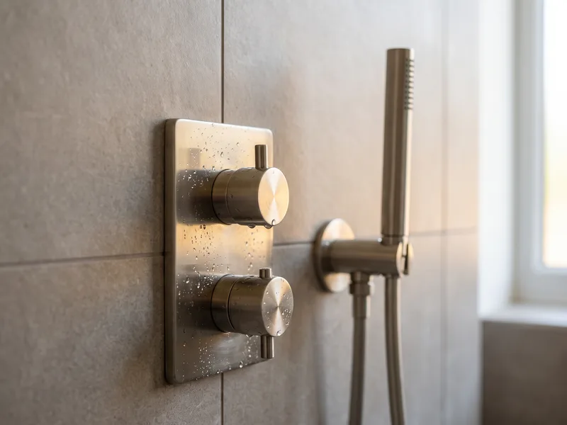 Close-up of a brushed nickel thermostatic shower valve mounted on honed porcelain tile in a compact en-suite