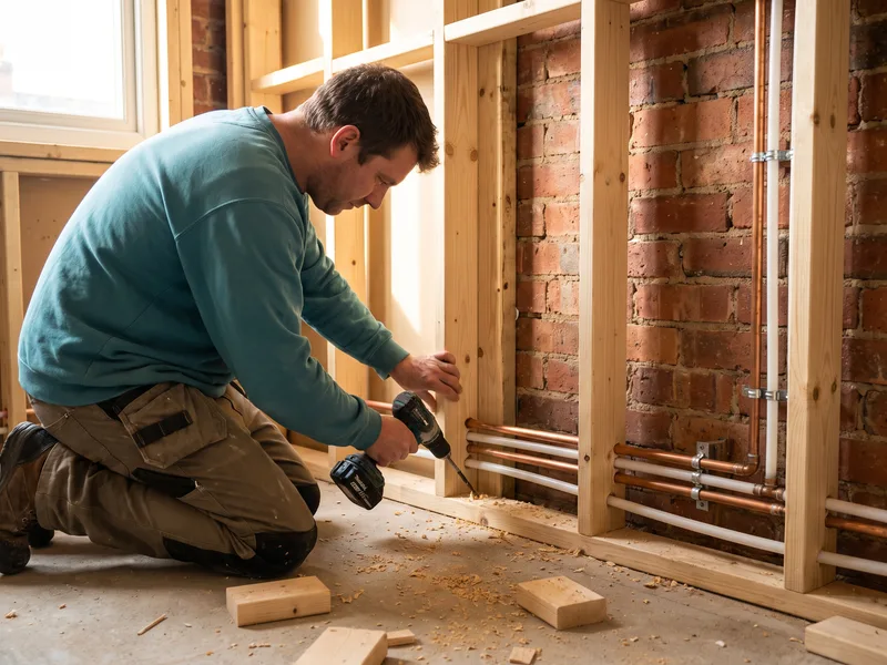 Installer fixing a timber stud wall with first-fix pipework clipped in place, framing a new en-suite partition
