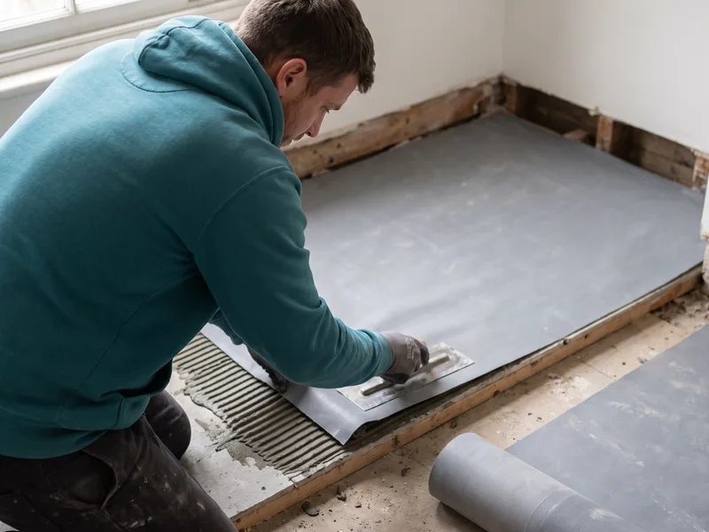 Installer bedding a waterproofing membrane over a cement backer board on a suspended timber floor in an Eton period property