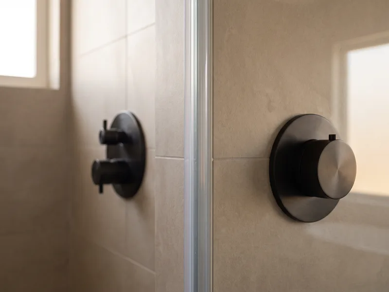 Close detail of a toughened glass steam shower panel meeting a tiled wall beside a shower control
