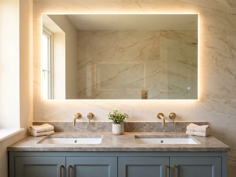 Finished double vanity with two basins, brushed brass taps and a backlit mirror