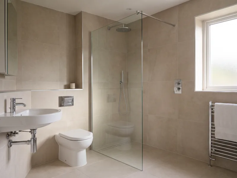 Completed family bathroom in Finchampstead with a walk-in shower behind a fixed glass panel, wall-hung WC with concealed cistern and wall-mounted basin