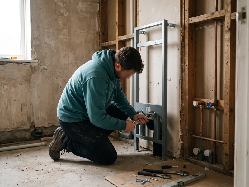 Installer fitting a concealed-cistern WC frame during a Finchampstead bathroom installation