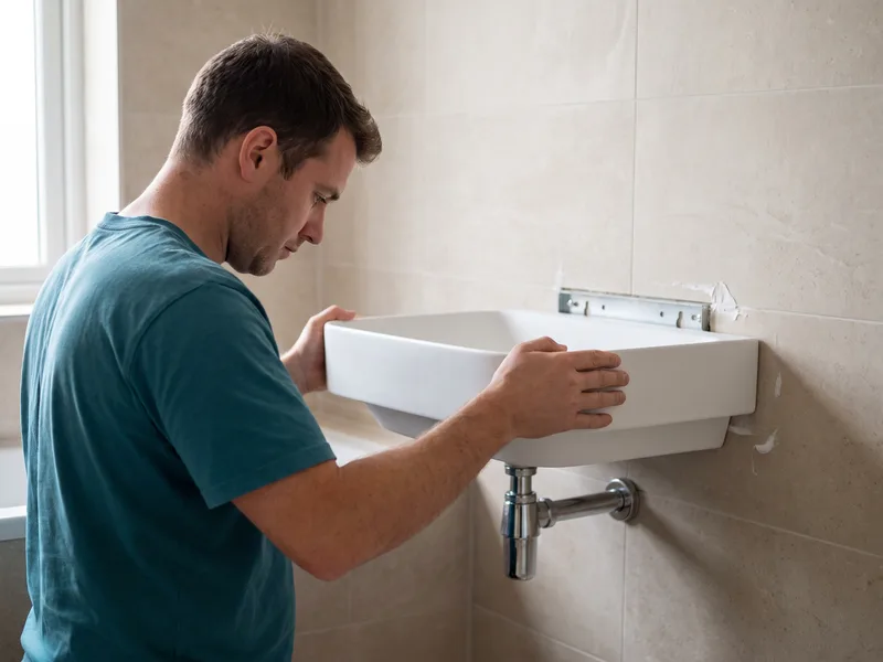 Installer fitting a wall-hung basin at second fix, the same workmanship standard applying whichever route supplied the product