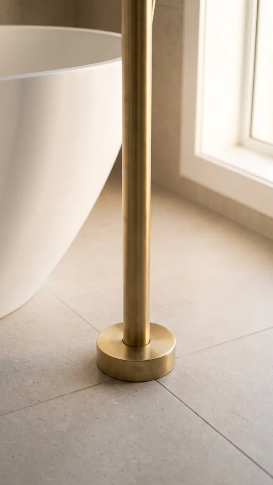Close-up of a brushed brass floor-mounted bath filler tap rising from the finished floor beside a freestanding bath