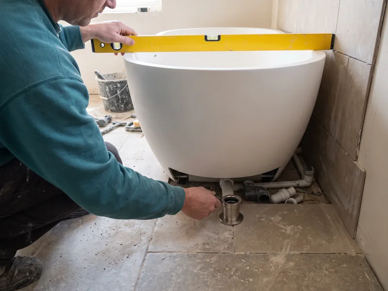 Installer levelling a freestanding bath and connecting the waste pipework beneath it on a finished tiled floor