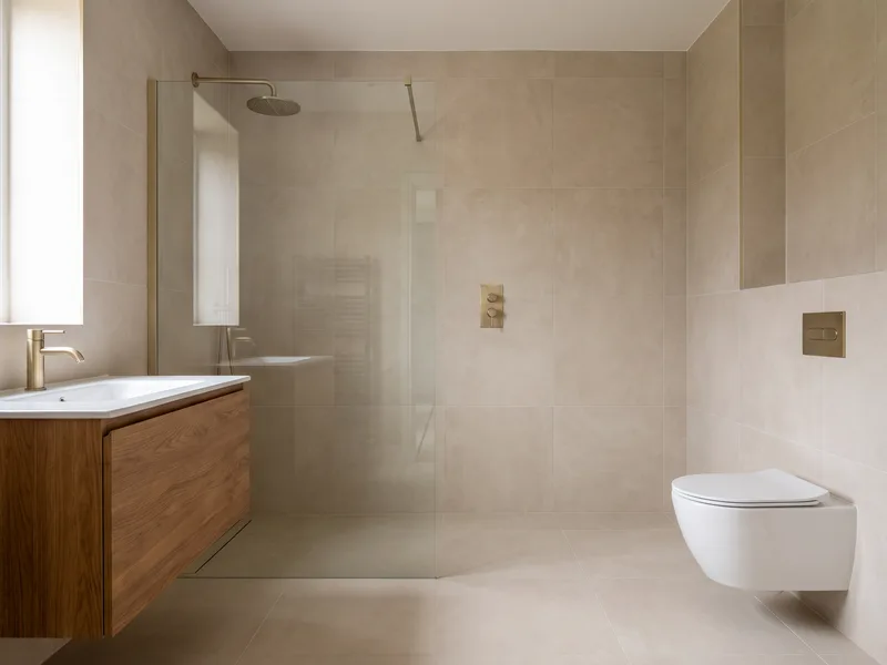 Contemporary en-suite bathroom with large-format porcelain tiling and brushed brass fittings in a Gerrards Cross rebuild