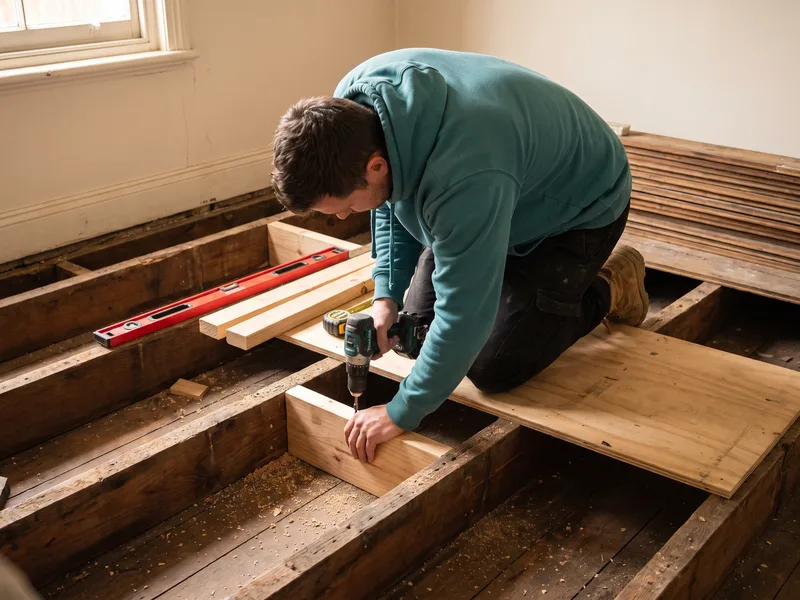 Installer fixing timber noggins between exposed floor joists to strengthen a suspended timber floor before tanking