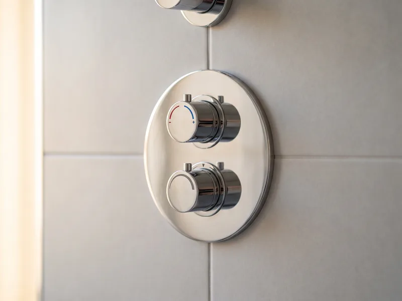 Close-up of a round concealed thermostatic shower valve trim plate with temperature and flow dials