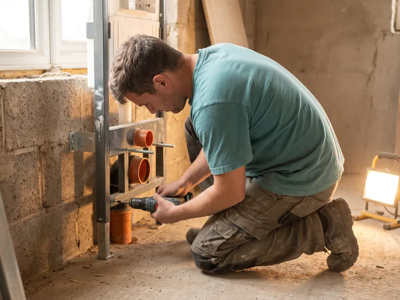Installer drilling to fix a concealed cistern carrier frame leg to a masonry wall
