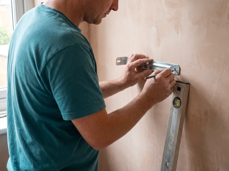 Installer fixing wall brackets for a heated towel radiator