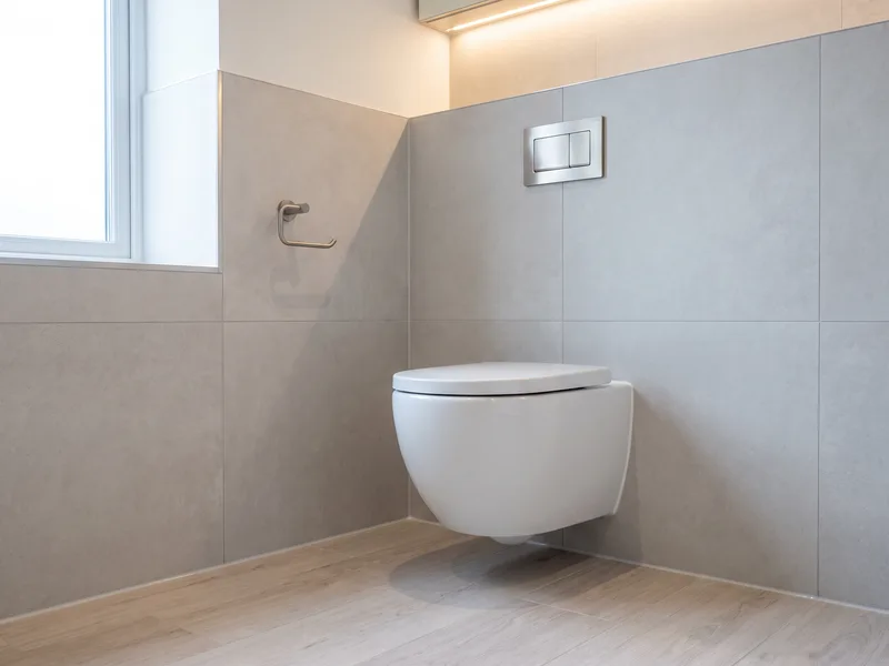 Finished wall-hung WC and tiled wall with freshly sealed silicone lines after handover