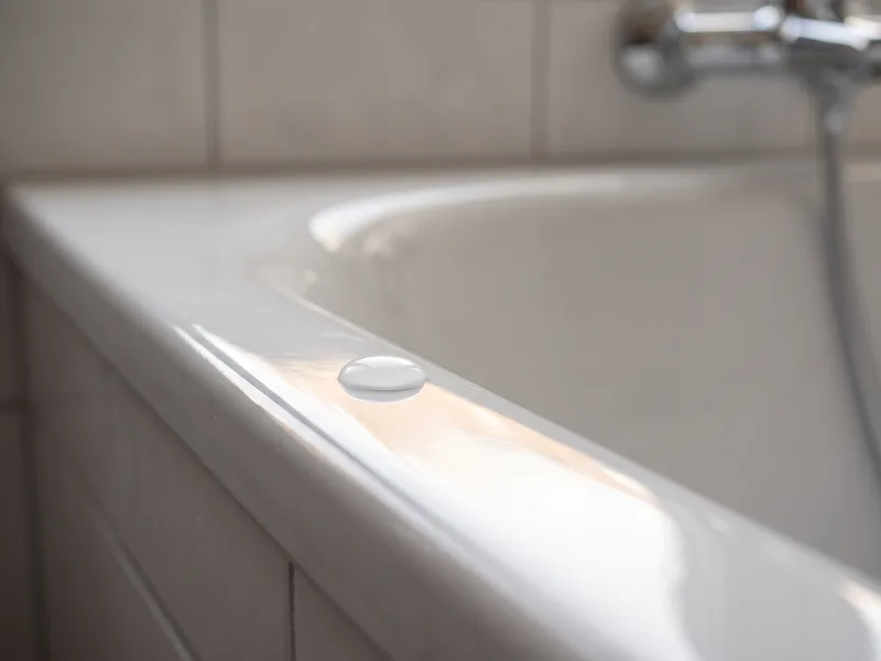 Close-up of a glossy vitreous enamel bath rim with a single water droplet resting on the surface