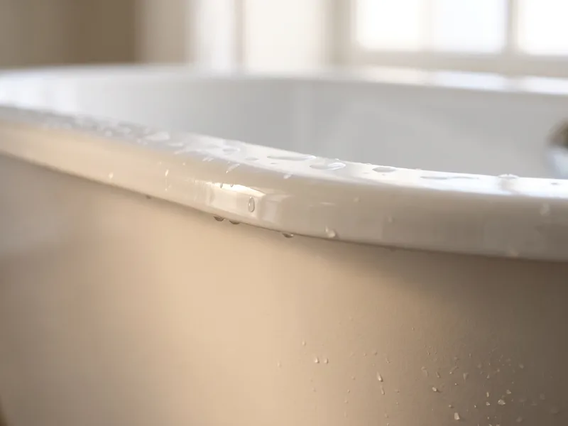 Close-up of a white enamelled steel bath's rolled rim edge with water beaded on the surface
