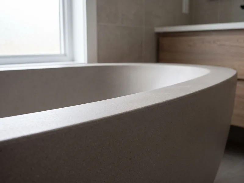 Close-up of a freestanding stone resin bath's thick-walled rim edge showing matte surface texture