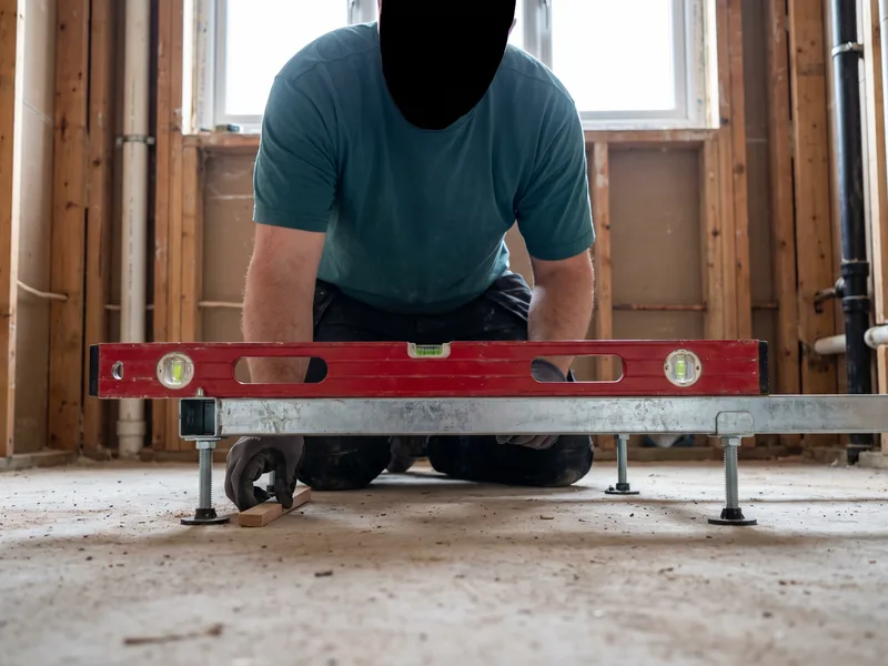 Installer using a spirit level to check a steel bath support frame's feet on a bare sub-floor