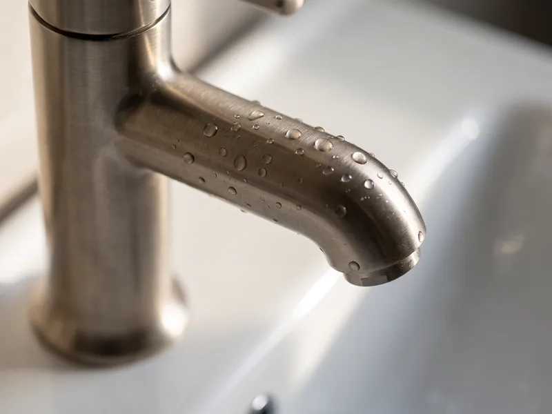 Macro close-up of a contemporary Kohler basin mixer tap with water droplets on its brushed metal surface