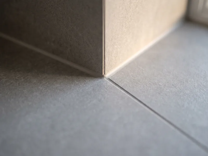 Close-up of a precise mitred corner joint in large-format porcelain