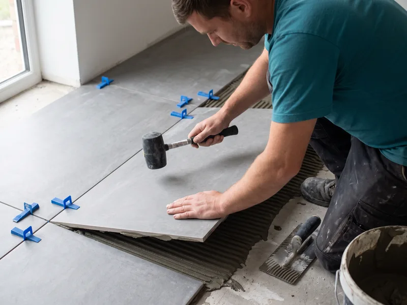 Installer fitting levelling clips during large-format porcelain tiling