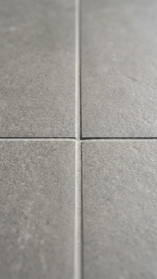 Close detail of a finished, flush grout joint between two large format tiles with no visible lippage