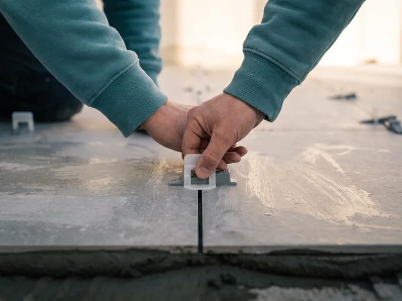 Installer inserting a tension-strap levelling clip into the joint between two large format floor tiles to control lippage