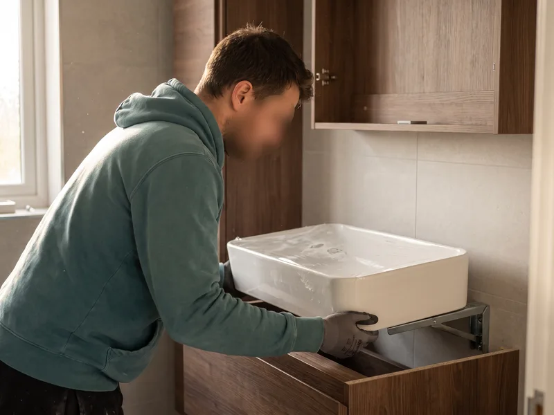Installer lowering a basin onto wall brackets, supporting it by its structural fixing points