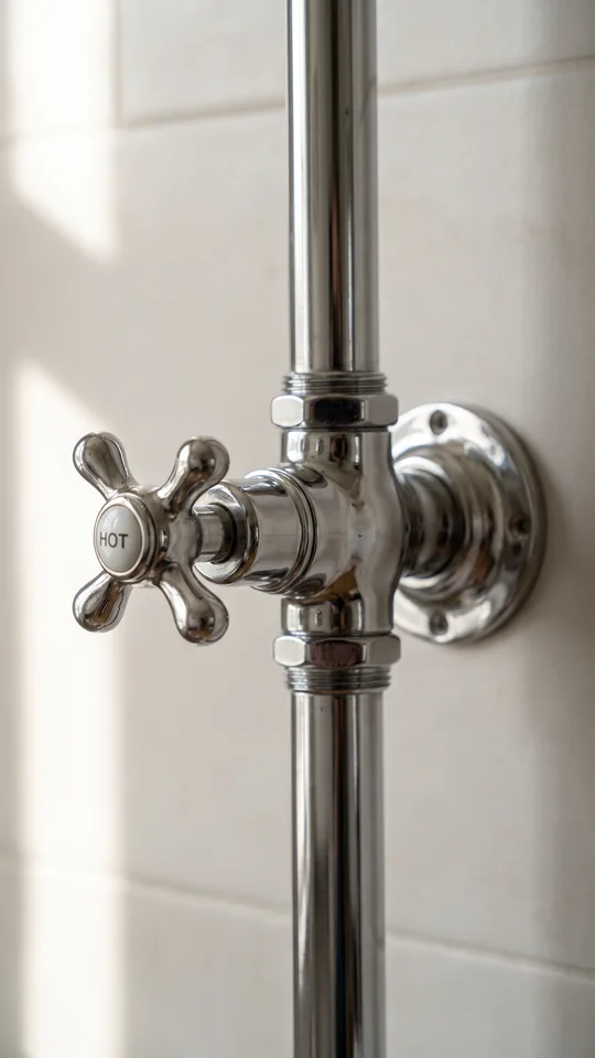 Macro close-up of a traditional chrome exposed pipe riser rising to a Lefroy Brooks cross-head tap handle