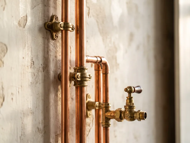 Close detail of a polished copper pipe run surface-mounted on an original plaster wall in a period bathroom
