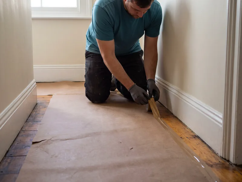 Installer laying protective sheeting over original period floorboards before strip-out begins