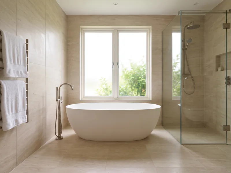 Finished luxury en-suite with a freestanding stone-resin bath beneath a large window in a Maidenhead riverside home