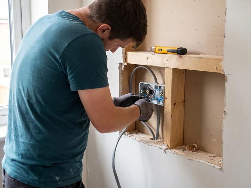 Installer wiring the electrical first fix for an illuminated mirror cabinet