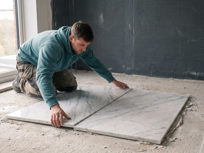 Installer dry-laying natural stone tiles to check pattern before fixing