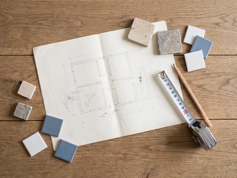 Overhead flatlay of a floor plan, tile samples and a tape measure laid out during a bathroom consultation