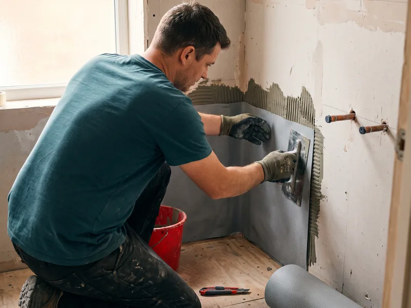 Installer bedding a waterproofing membrane onto a bathroom wall before tiling in a Reading terrace