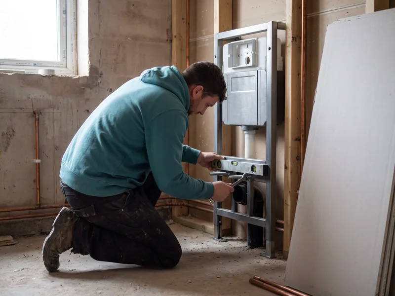 Installer fixing a steel WC carrier frame to the wall studs before boarding, Sandhurst bathroom first fix