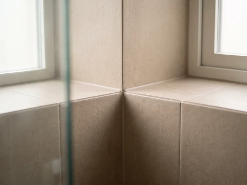 Close-up of a tiled internal corner where two tiled walls meet inside a finished shower enclosure