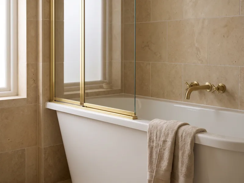 Wide shot of a brass-framed sliding shower enclosure door fitted over a bath in a warm walnut and stone bathroom