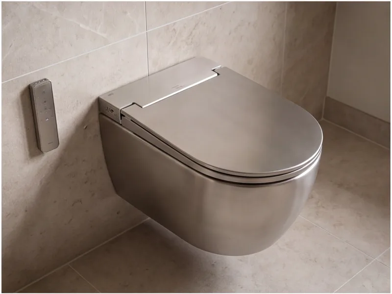 Modern shower toilet unit with a brushed finish and slim remote control