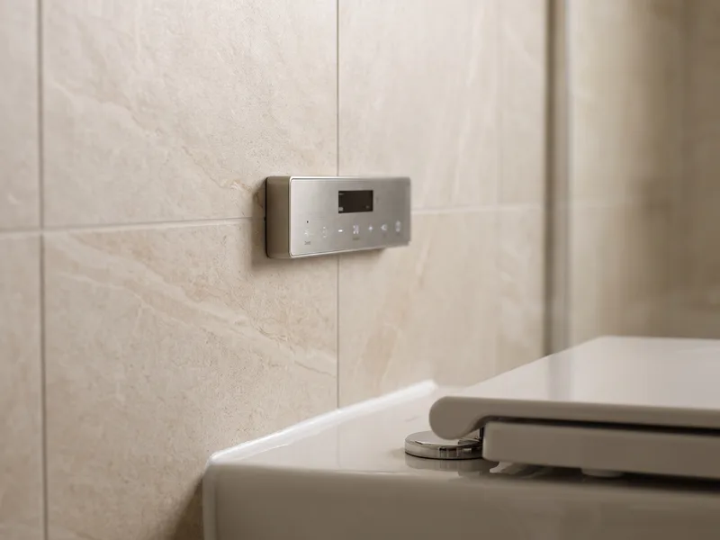 Close-up of a shower toilet's control panel and brushed finish