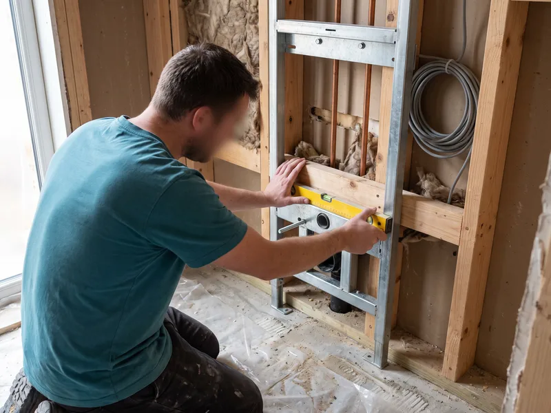 Installer fixing a shower toilet's concealed cistern frame to the wall before boarding
