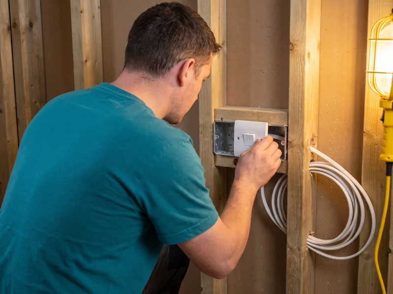 Installer fitting a dedicated switched fused spur at the WC position during electrical first fix, ahead of a shower toilet installation