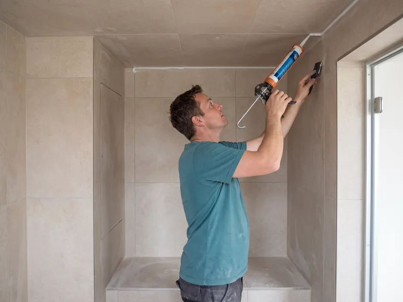 Installer applying a continuous sealant bead along the ceiling-to-wall junction inside a fully tiled steam enclosure