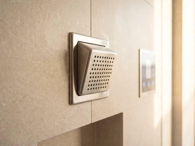 Close-up of a brushed steel steam head outlet set into honed tile inside a finished steam enclosure